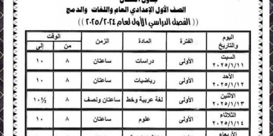 جدول امتحانات الترم الأول 2025 للصفوف الإعدادية في الوادي الجديد - الصبح