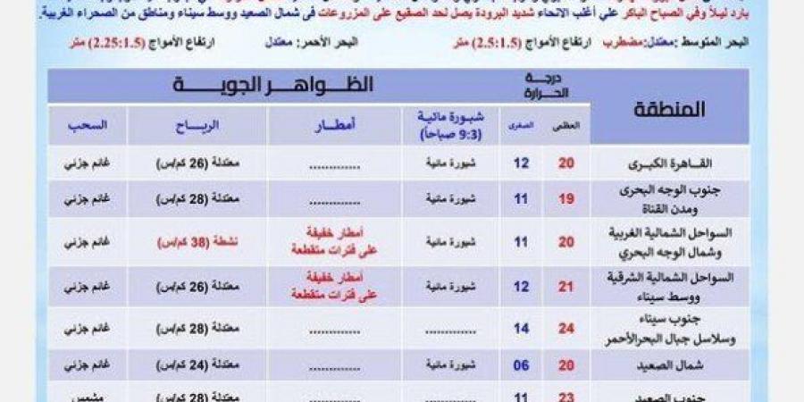 أمطار وشبورة ورياح.. الأرصاد تكشف تفاصيل حالة الطقس اليوم السبت 21 ديسمبر 2024 - الصبح