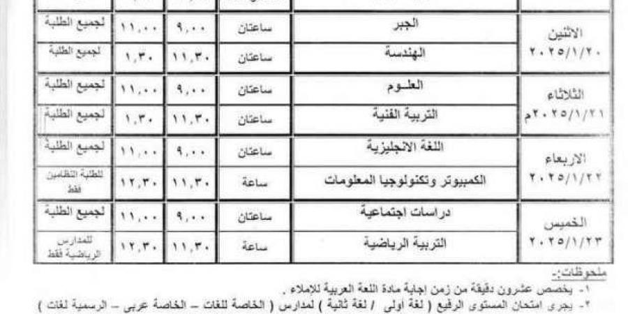 جدول امتحانات الترم الأول 2025 للشهادة الإعدادية عام ومهني في أسيوط - الصبح